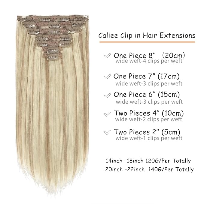 Caliee Clip in Hair Extensions Human Hair for Women Double Weft Lace Golden Brown Mixed Bleach Blonde Color Real Hair Clip in Hair Extensions 7 Pieces 14Inch 120G