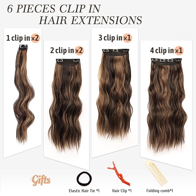NAYOO Clip in Hair Extensions for Women 20 Inch Long Wavy Curly Dark Brown Mix Chestnut Hairpieces Full Head Synthetic Hair Hairpieces (6PCS, Dark Brown Mix Chestnut)