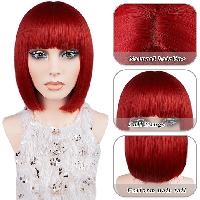 MAYSA Red Bob Wig with Bangs Short Straight Colorful Bob Wigs 12in Synthetic Cosplay Daily Party Neon Wigs for Women # Red