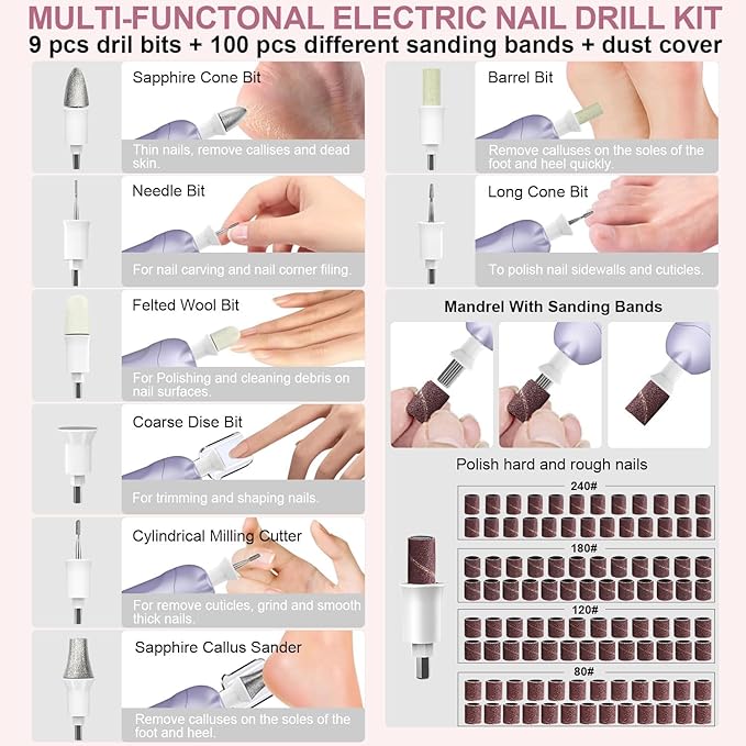 4 Pack Professional 9-in-1 Nail Drill Kit, Electric Nail File, Cordless 5 Speeds for Effortless Nails Care,Purple