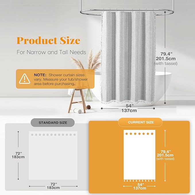 BTTN Boho Farmhouse Shower Curtain - Linen Rustic Heavy Duty Striped Fabric Shower Curtain Set with Tassel, Bohemian Vintage Country Cloth Shower Curtains for Bathroom，Grey，54" W x 78" L (Pack of 1)