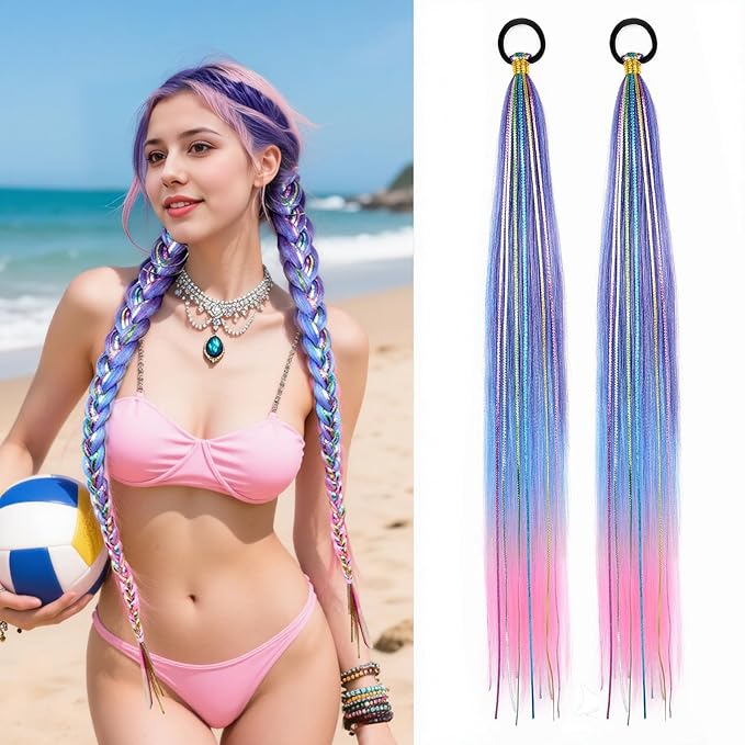 2 Pack Braid Ponytail Extensions, 26 Inch Braided Ponytail Wig with Elastic Tie for Girls (Purple/Blue/Pink#, 26 Inch (Pack of 2))