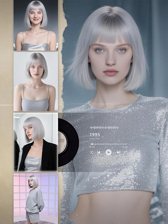 MAYSA Silver Bob Wig with Bangs Short Straight Bob Bangs Wig for Women Synthetic Cosplay Halloween Costume Wig 12in # Silver