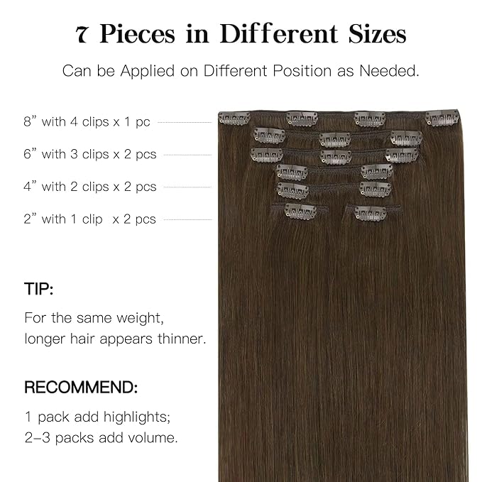 HOTBANANA Human Hair Clip in Hair Extensions, Chocolate Brown 120g Clip in Hair Extensions Real Human Hair Straight Remy Hair Clip in Hair Extensions 24 Inch 7pcs
