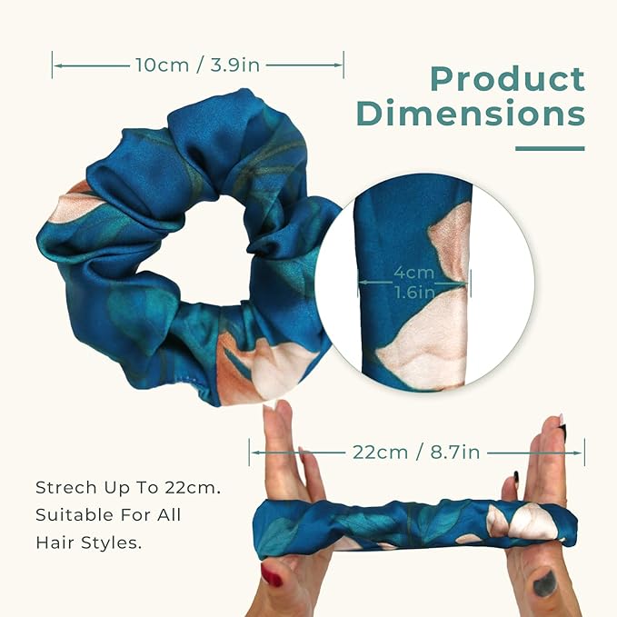 Pure Silk Scrunchies, 100% Mulberry Silk Hair Elastic for Women, Anti-Crease, Gentle on Hair, 1 PC, Teal Flower