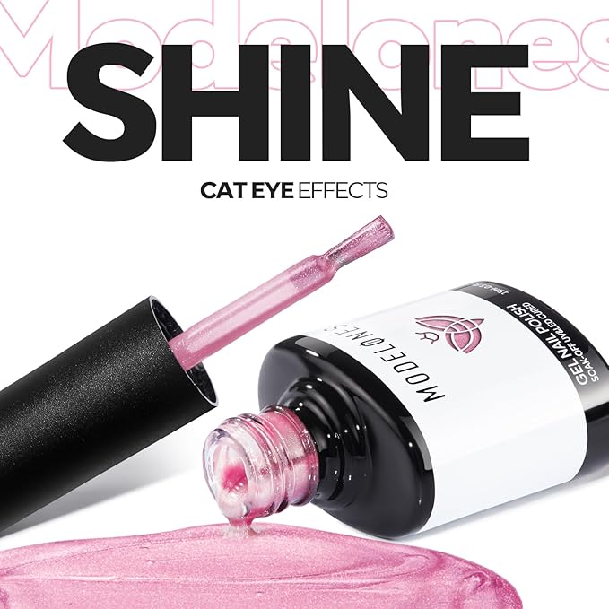 modelones Pink Cat Eye Gel Polish Slik Glitter Holographic Jelly Glass Cat Eye Light Rose Shimmer Reflective Translucent U v Gel Magnetic Nail Polish 15 ML