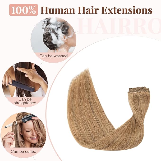 Hairro Sew in Hair Extensions Real Human Hair, 100g/bundle Weave Weft for Women Adding Volume and Length, for DIY Beauty Dating Party, 18 Inch One Bundle Straight Dark Blond