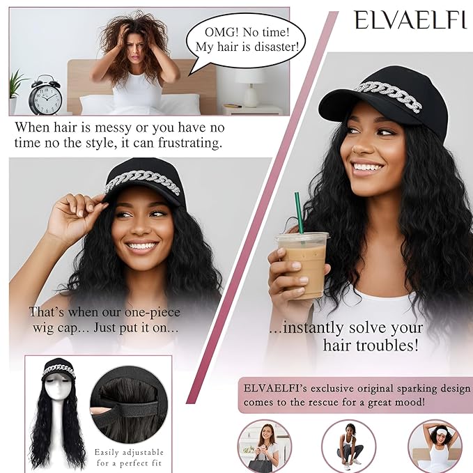 18-Inch Long Black Wig Hat, Synthetic Wavy Curly Wigs, Baseball Cap with Hair Extensions for Women