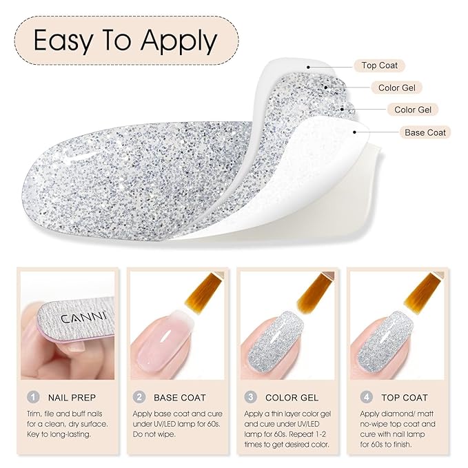 CANNI Glitter Gel Nail Polish – 1pcs 9ml Silver Iron Color, Soak Off UV LED Nail Gel for DIY Nail Art, Salon or Home Manicure