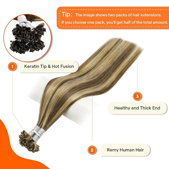 Full Shine U Tip Hair Extensions Human Hair Medium Brown Highlighted Blonde 22 Inch Fusion Hair Extensions Real Human Hair for Women Keratin Tip Extensions 50 Grams