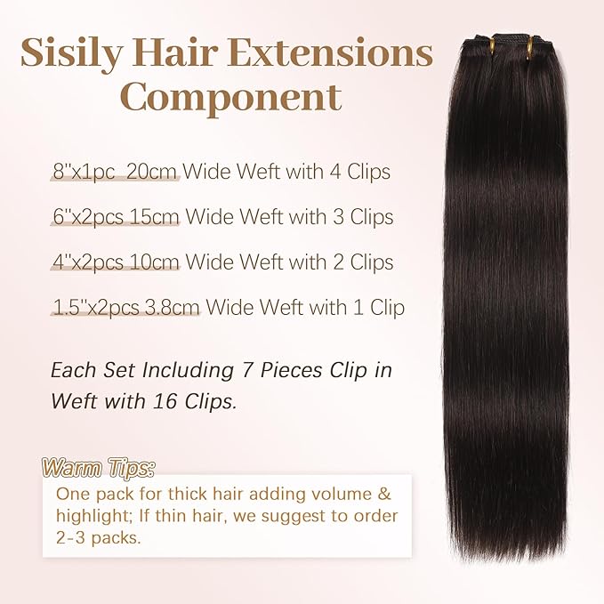 Sisily Clip in Hair Extensions Real Human Hair, 20 inch 120g, Dark Brown, 100% Brazilian Remy Human Hair Clip in Extensions Soft Straight 7pcs Per Set with 16 Clips Double Weft
