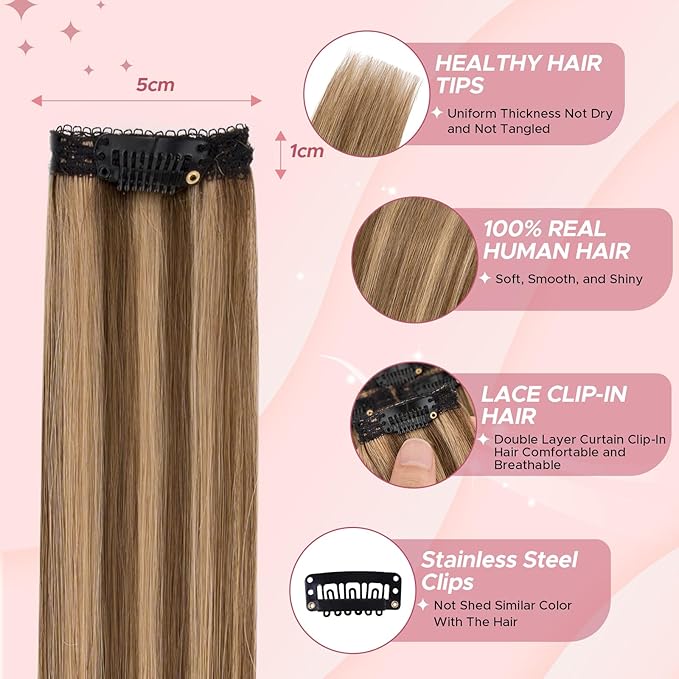 Clip in Hair Extensions Real Human Hair for Women, 10 Inch 31g 6pcs, Medium Brown Mix Dark Blonde, Straight - Highlight, Add Volume and Length for Daily Wear, Parties, Weddings