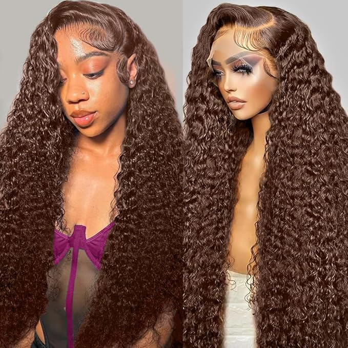 34Inch Chocolate Brown Lace Front Wig Human Hair 200 Density 13x6 HD Deep Wave Lace Front Wigs Human Hair Colored Deep Curly Lace Frontal Wigs Glueless Wig Brown Wig Wigs for Women