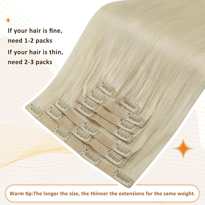 Full Shine Seamless Clip in Hair Extensions Human Hair Blonde 24 Inch Clip in Human Hair Extensions Remy Hair Platinum Blonde Hair with PU Weft 8 PCS 120 G