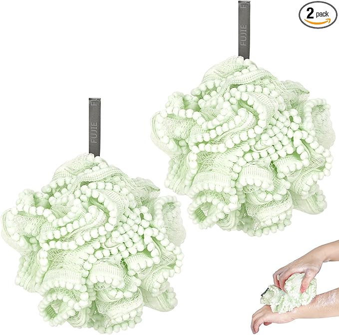 Loofah, Shower Bath Spong, Soft Shower Loofahs Balls, Globose lace Shower Ball, for Body Wash Scrubber Cleaning Loofah Bathroom Accessories (2Pcs) (Green)