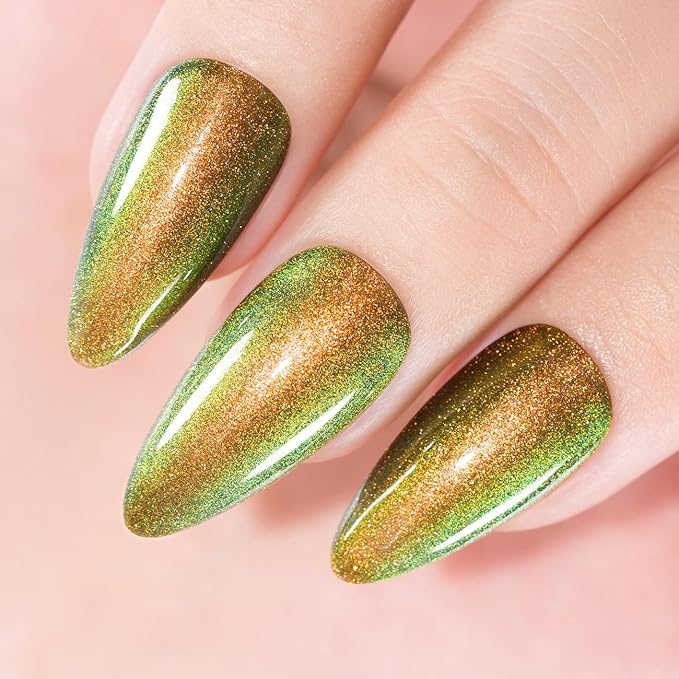 RARJSM Chameleon Chrome Nail Polish Gel Orange Yellow to Green Color Changing Glitter GelPolish 15ML Multichrome Sparkle Shimmer Nail Gel Varnish Soak Off Curing Requires DIY at Home Salon 15ml