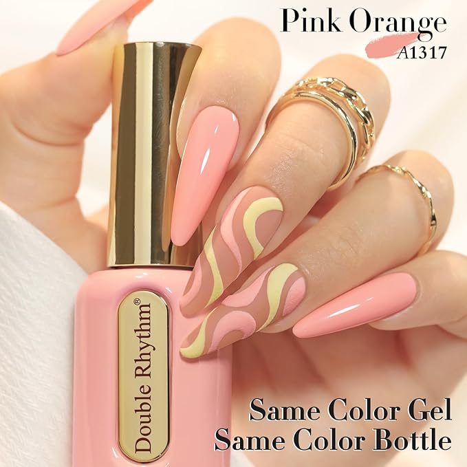 Double Rhythm 0.50 OZ Gel Polish Same Color Same Bottle Golden Round Translucent Hema Free Neutral Natural Milky 15 ML Jelly UV Polish Art DIY at Home (Pastel Pink Orange-C1317)