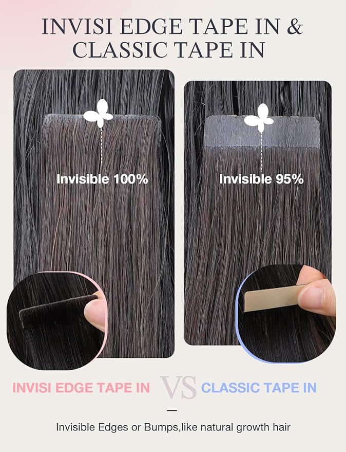 DOORES Invisi Edge Human Hair Extensions Tape in, Natural Black to Light Blonde 10 Injection Tape-ins with 10 Classic Tape-ins 50g 22 Inch, Injected Tape in Extensions Virgin Human Hair