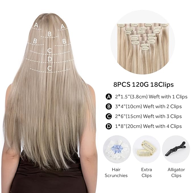 Clip in Hair Extensions Real Human Hair Seamless Clip Ins 100% Remy Hair Extensions PU Weft Golden Blonde Mix Light Blonde Thick&Invisible #P16A/22A 16Inch 120G 8PCS