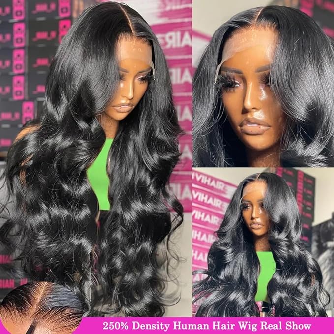 IUPin 13x4 Body Wave Lace Front Wigs Human Hair 250% Density HD Transparent Frontal Wigs for Women Human Hair Wig Glueless Pre Plucked with Baby Hair 26 Inch Full and Thick 12A Brazilian Hair