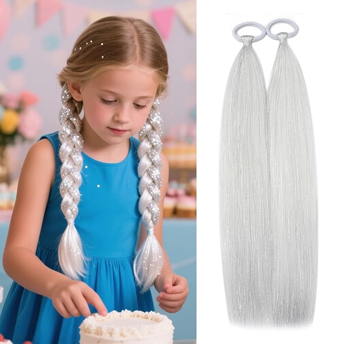 White Hair Extensions for Braids Ponytail Extension 2 Packs, 20 inch Crazy Hair Day Accessories for Women, DIY Festival Wacky Rave Braids,Tinsel Mixed