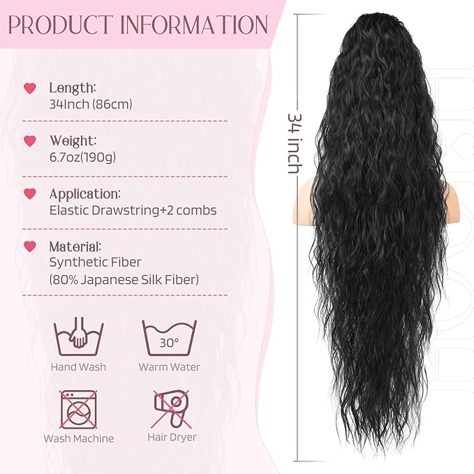 HOOJIH Ponytail Extension, 34 Inch Long Wavy Drawstring Ponytail Hair Extensions Black Pony Tail Extension Synthetic Hairpiece for Women Daily Use - Black
