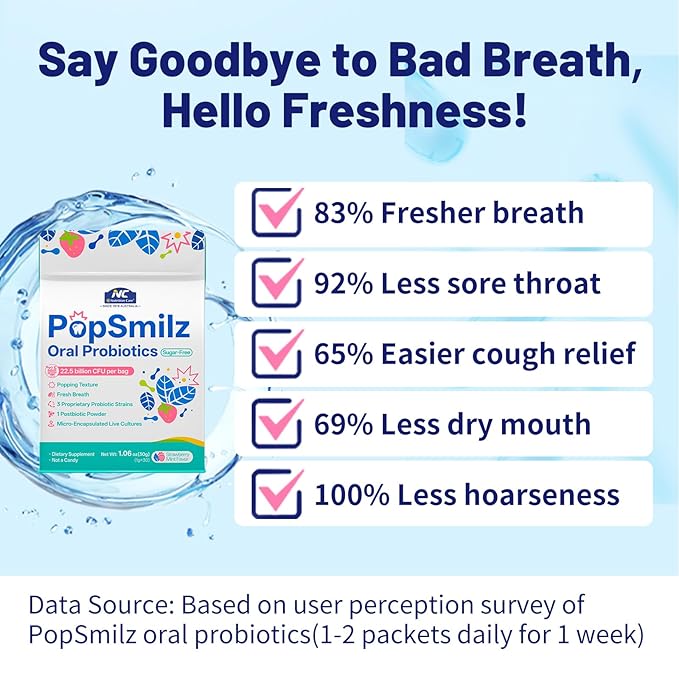 22.5 Billion CFU Oral Probiotics, 3 Strains (AP-32, ET-66, LPL28), Sugar-Free Strawberry Mint Powder with Fizz, Instant Bad Breath Freshener & Gum Health Support, Just Pour in Mouth