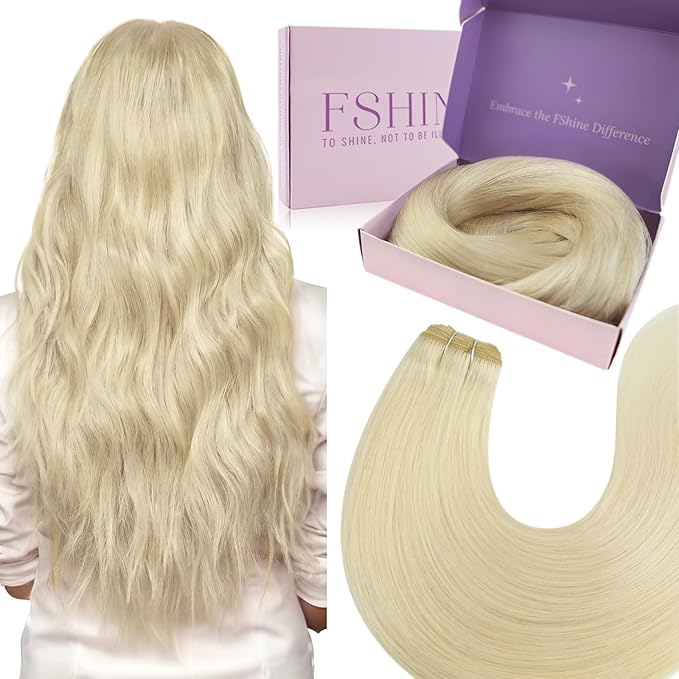 Fshine Hand Tied Weft Hair Extensions Human Hair Blonde Fshine Sew in Wefts Platinum Blonde Genius Weft Human Hair Extensions for Women Real Human Hair 16 Inch 100g