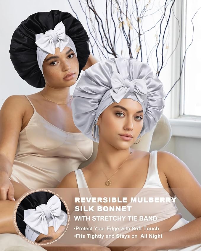Mulberry Silk Bonnet Sleeping Women Curly Hair Bonnets Tie Band Double Layer Reversible Sleep Bonnet Silk Hair Wrap Sleep Cap