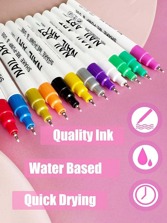 12 Colors 0.5mm Tip Nail Art Pens, Water Based Nail Art Marker Pens for Painting Nail Point Graffiti Dotting Liner Pen for Home Salon Quick Dry Manicure