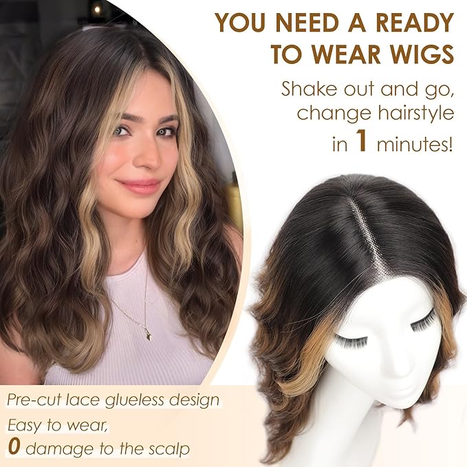 AISI HAIR Brown Mix Blonde Wig for Women Medium Length Wave Curly Glueless Synthetic Heat Resistant Hair Wigs for Daily Party Cosplay