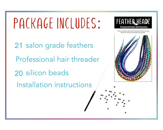 21 Rainbow Grizzly Color Hair Extensions – 9”–14” Long – DIY Rooster Kit with 20 Micro-Link Beads – 100% Real Feathers – Eye-Catching Boho Style