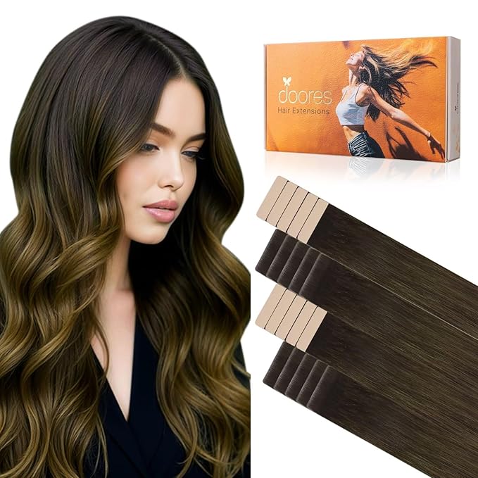 DOORES Invisi Edge Tape in Human Hair Extensions, Natural Black to Dark Brown and Chocolate Brown 10 Injection Tape-ins with 10 Classic Tape-ins 50g 14 Inch, Injected Tape in Extensions