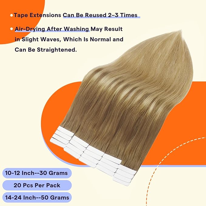 Full Shine Hair Extensions Real Human Hair Tape in 14 Inch Balayage Color 10 Brown Fading to 14 Golden Blonde Seamless Skin Weft Human Hair Tape in Extensions 20PCS 50 Grams Remy Brazilian for Women