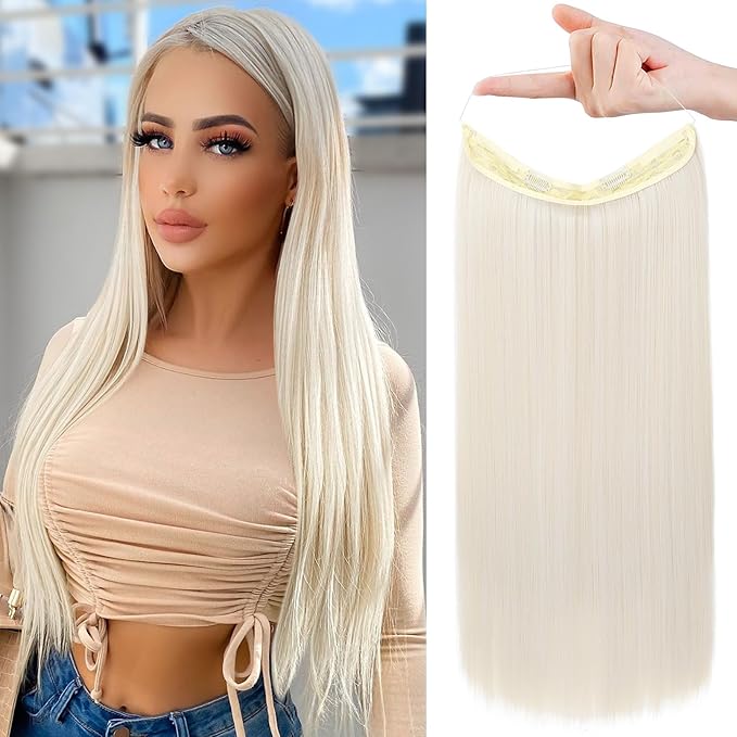 REECHO Invisible Wire Hair Extensions with Transparent Headband Adjustable Size Removable Secure Clips in Straight Secret Hairpiece for Women (24 Inch (Pack of 1), Platinum Blonde)