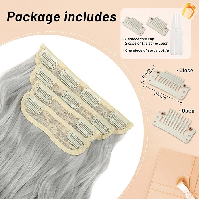 20 Inches Silver Gray Clip in Hair Extensions 4PCS Grey Thick Hairpieces long Wavy Clip in Hair Extensions Double Weft Long Hairpieces Full Head For Women (20 INCH, 60#)