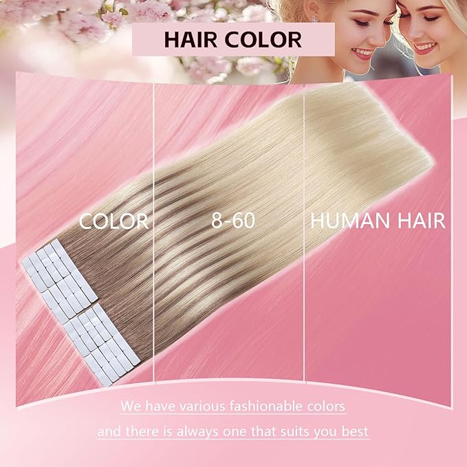 3rd-Generation Invisible Tape in Hair Extensions Real Human Hair #8/60 Ash Brown to Platinum Blonde 20pcs 45g 20inch Injection Hand-Tied Invisi Edge Tape ins Extensions（#8/60-20inch）