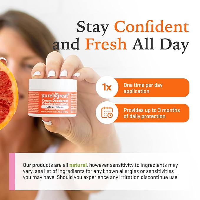Purelygreat Aluminum-Free Deodorant Cream, Citrus Scent, 1.76oz