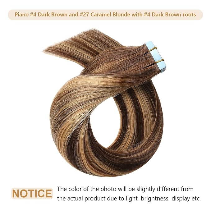 YILITE Tape in Hair Extensions Human Hair 24inch 20pcs 50g Balayage Dark Brown to Caramel Blonde, #P4-27-T4 Balayage Chocolate Brown to Caramel Blonde
