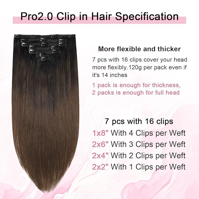 Pro2.0 Remy Real Human Hair Extensions Clip ins 120g Thick 7pcs Color #1BT4 Natural Black Fading to Middle Brown Remy Clip in Hair Extensions Real Human Hair 16inch Double Weft（#1BT4-16inch）