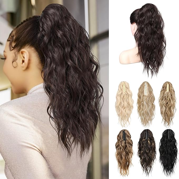LONAI Ponytail Extension, 18" Wavy Claw Clip Ponytail Extensions ZJ001 Curly Wavy Claw Clip in Ponytail Hair Extensions Synthetic Fake Pony tails Hairpieces-Dark Reddish Brown