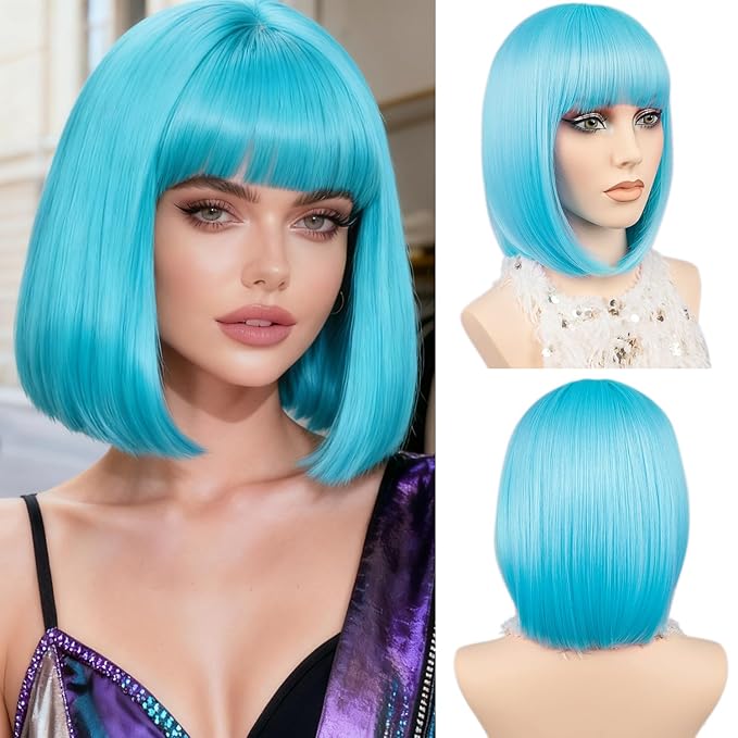 MAYSA Blue Wigs with Bangs Short Straight Bob Bangs Wig 12in Synthetic Cosplay Halloween Costume Wig for Women # Teal Blue