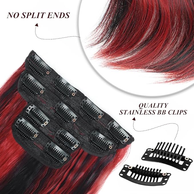 Vigorous Clip in Hair Extensions 4PCS Long Wavy Hair Extension 20Inch Thick Synthetic Hairpieces Fiber Double Weft Hair for Women(Black with Red Highlights)