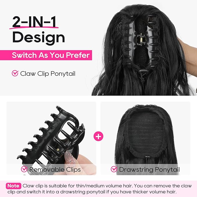 REECHO Ponytail Extension, 20” Claw Clip Ponytail Extension Curly Clip in Ponytail Long Pony Tails Hair Extensions for Women Fluffy Natural Looking Synthetic Hairpiece, Dark Chocolate Brown
