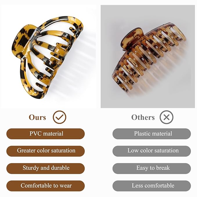 Shinowa Hair Clips, 2-Pack Bohemian Tortoise Shell Hair Claw Clips Strong Hold Big Hair Jaw Clips for Thick Hair, Hair Accessories for Women Girls, Leopard