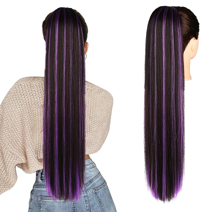 SEIKEA Ponytail Extensions Drawstring Long Straight Fake Pony Tail Natural Soft Clip in Hair Extension Synthetic Heat Resistant Hairpiece 28 Inch Black Brown with Purple Highlights