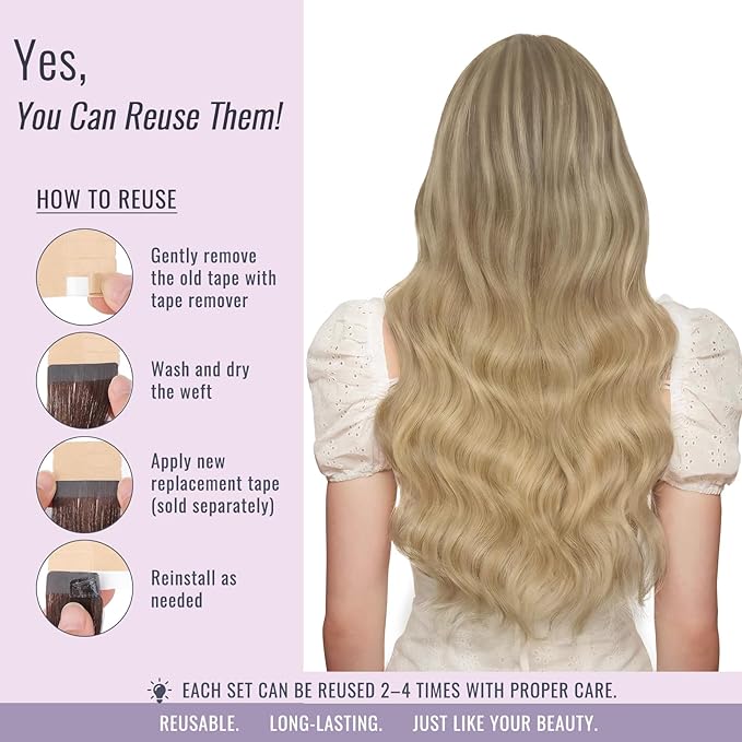 Fshine Real Human Hair Tape in Hair Extensions 12 Inch Tape in Extensions Light Blonde Fading to Ash Blonde Tape In Human Hair Extensions 30g 20Pcs Glue on Extensions
