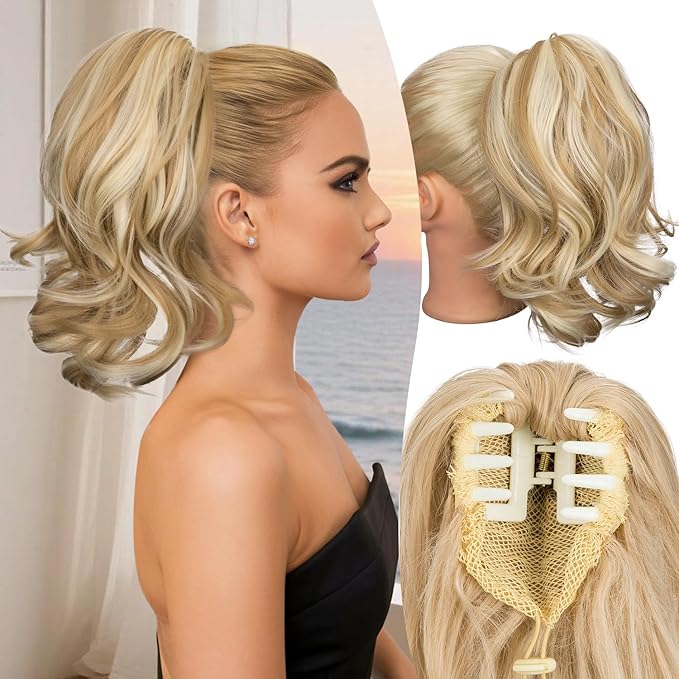 Ponytail Extension, 12 Inch Claw Clip in Ponytail Extension Curly Wavy Pony Tails Hair Extensions Synthetic Clip on Pony Tails Hairpiece for Women-Medium Blonde with Blonde Highlights25