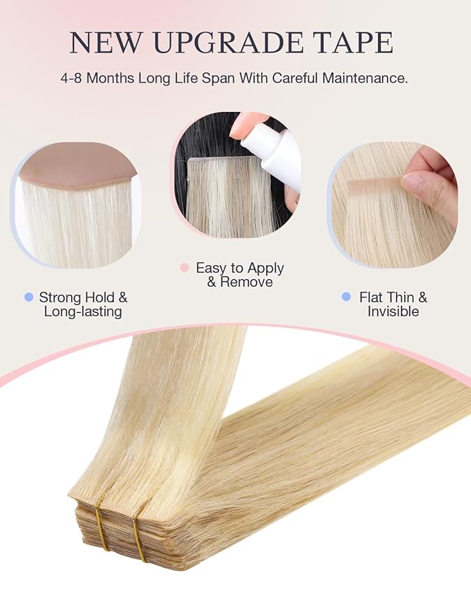 DOORES Invisi Edge Tape in Human Hair Extensions, Drity Blonde Mixed Platinum Blonde 10 Injection Tape-ins with 10 Injection Tape-ins 50g 14 Inch, Injected Tape in Virgin Human Hair