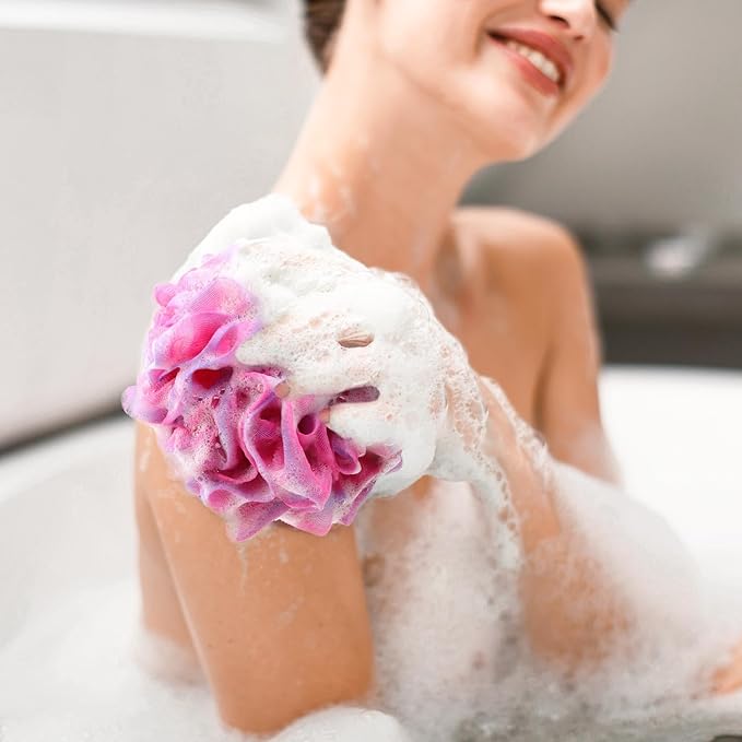BTYMS 75g/pc Bath Loofah Mesh Puffs, Large Body Exfoliating Shower Sponges for Men and Women Showering - Set of 4